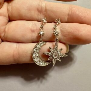 Silver Moon and Star Drop Earrings - Sparkling CZ Accents